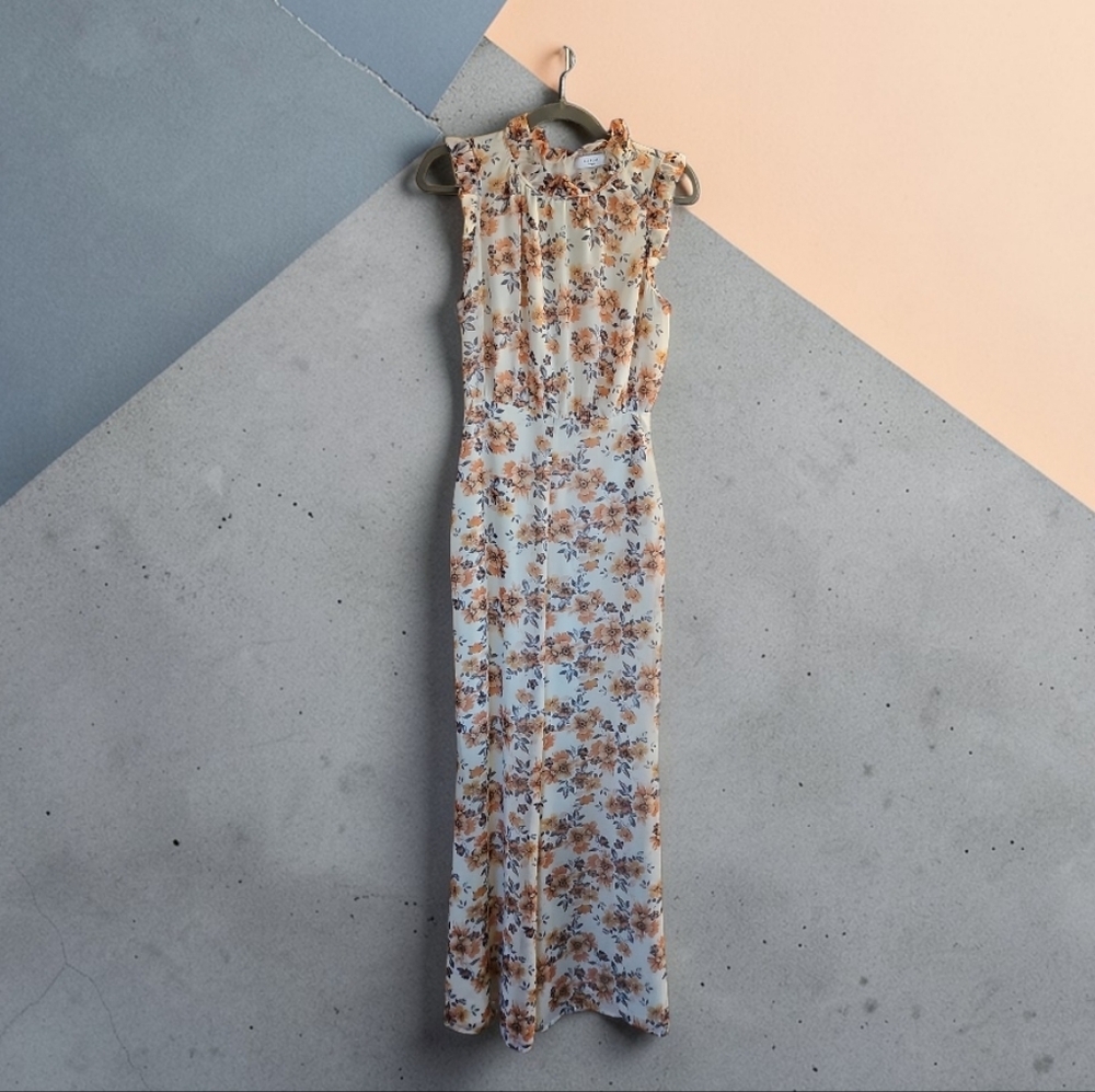 Ali & Jay Floral Maxi Jumpsuit Size M Sleeveless Ruffle Neck Polyester - Picture 2 of 6